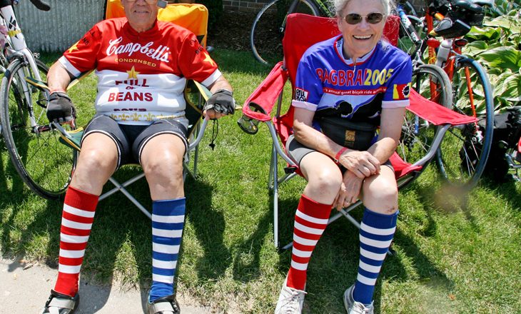 Carter LeBeau and his wife Kaye take a break in Brighton. Carter has ridden on every RAGBRAI and this is Kaye's 14th ride. M0725RAGBRAI - RAGBRAI 2009 Friday's ride took the riders from Ottumwa to Mount Pleasant. 75.5 miles through the towns of Hedrick, Martinsburg Pekin, Packwood, Pleasant Plain, Brighton, Germanville, and Lockridge.  (Andrea Melendez/The Register)